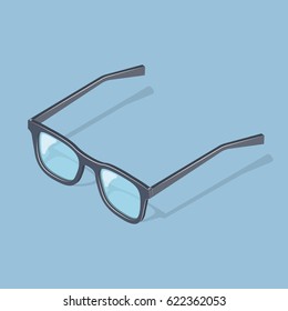 Black hipster eyeglasses isolated on blue background. Isometric vector illustration