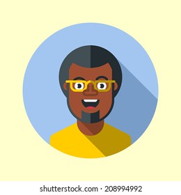 Black hipster guy with glasses. Flat long shadow design. Hipster icons series.