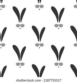 black hipster rabbit with disco glasses seamless pattern. Vector flat ornament on white background. Graphic rabbit wallpaper. Retro  party  print