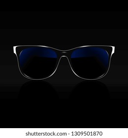 Black hipster sunglasses with blue glass on darck background. Vector illustration.