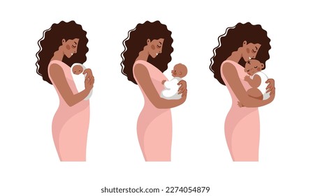 Black Hispanic mom with newborn baby and infant, motherhood flat cartoon illustration set. Woman hugging a baby, vector isolated on white.