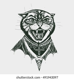 Black hissing cat. Sketch for posters, tattoo. 