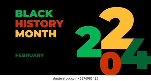 Black history month 2024 vector banner. Ornament with African colors and pattern. African-American History Month illustration for social media, card, poster on black background.