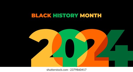 Black history month 2024 vector banner. Numbers with African colors. African-American History Month illustration for social media, card, poster on black background.