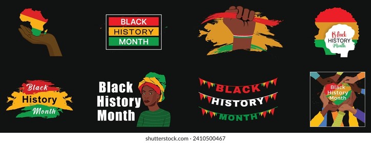 Black History Month 2024 Vector Set. American African Vector Design Set for Black History Month with African Lady Female Character, Hand Vector. Use for Banner Poster, Background, Badges, Set.