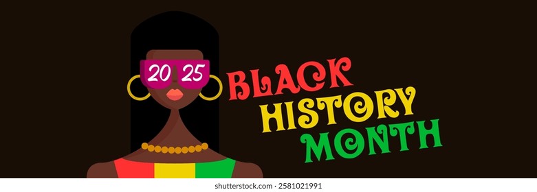 Black history month 2025 horizontal banner with afro American woman face isolated on black background. Black history month poster, flyer, background with pretty african modern girl with sunglasses