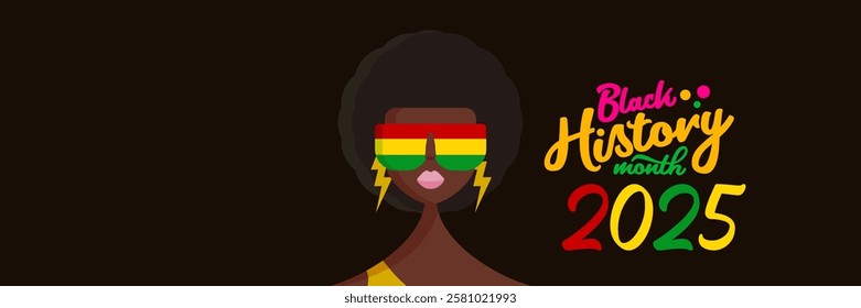 Black history month 2025 horizontal banner with afro American woman face isolated on black background. Black history month poster, flyer, background with pretty african modern girl with sunglasses