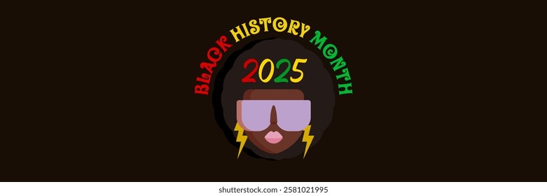 Black history month 2025 horizontal banner with afro American woman face isolated on black background. Black history month poster, flyer, background with pretty african modern girl with sunglasses