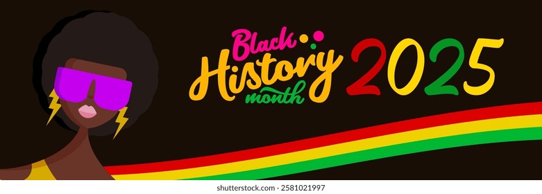 Black history month 2025 horizontal banner with afro American woman face isolated on black background. Black history month poster, flyer, background with pretty african modern girl with sunglasses