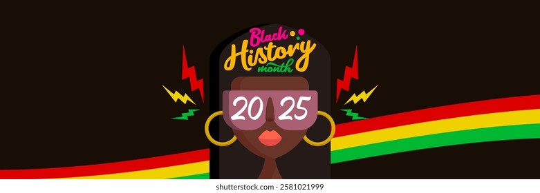 Black history month 2025 horizontal banner with afro American woman face isolated on black background. Black history month poster, flyer, background with pretty african modern girl with sunglasses