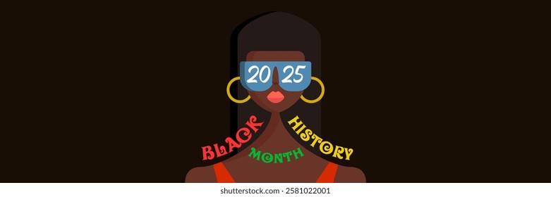 Black history month 2025 horizontal banner with afro American woman face isolated on black background. Black history month poster, flyer, background with pretty african modern girl with sunglasses