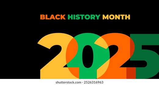 Black history month 2025 vector banner. Numbers with African colors. African-American History Month illustration for social media, card, poster on black background.