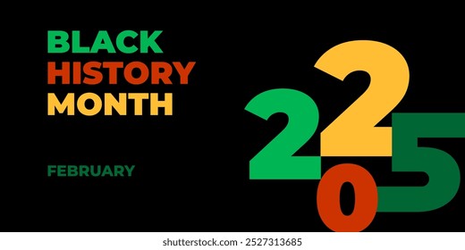 Black history month 2025 vector banner. Numbers with African colors. African-American History Month illustration for social media, card, poster on black background.