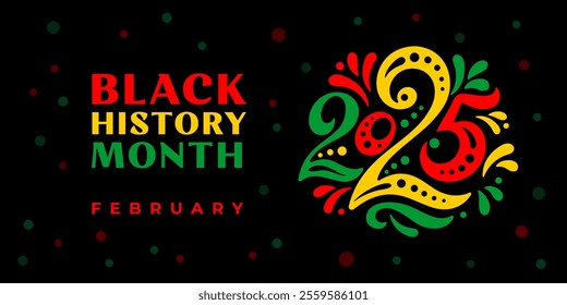 Black history month 2025 vector banner. Numbers with African colors. African-American History Month illustration for social media, card, poster on black background.