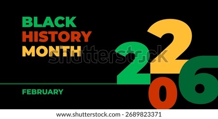 Black history month 2026 vector banner. Numbers with African colors. African-American History Month illustration for social media, card, poster on black background.