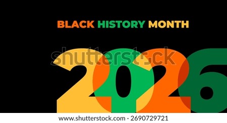 Black history month 2026 vector banner. Numbers with African colors. African-American History Month illustration for social media, card, poster on black background.