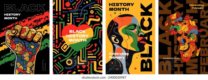 Black History Month abstract graphic poster set. African American rights and freedom celebrate in February. Creative placard with fist. Art design Africa and man on colorful print. Vector eps banners