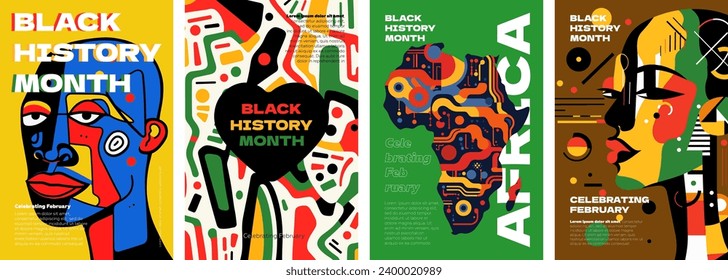 Black History Month abstract graphic poster. African American rights and culture celebrate in February. Modern creative placard with persons of color. Africa and afro pattern art design vector prints