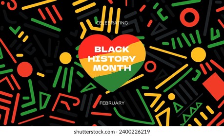 Black History Month abstract graphic banner. African American rights and culture celebrating. Modern creative placard. Heart in red yellow green flag colors. Africa and afro pattern art vector design