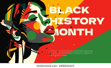 Black History Month abstract graphic banner. African American rights and culture celebrating. Modern creative placard with person of color. Africa woman on afro flag colors art vector design placard