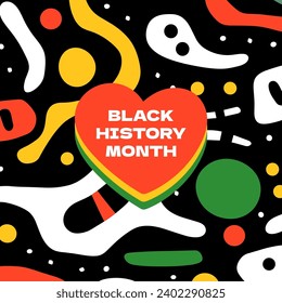 Black History Month abstract graphic square banner. African American rights and culture celebrating. Modern creative placard. Heart in red yellow green flag colors. Africa and afro pattern art design