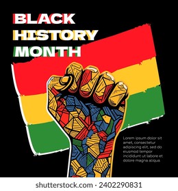 Black History Month abstract graphic square banner. African American rights and culture celebrating. Modern creative placard. Fist on red yellow green colors flag. Africa and afro style art eps design