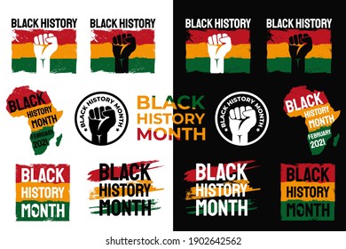 Black History Month. African American History. Celebrated annual. In February in United States and Canada. lables on dark and light backgrounds