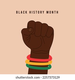 Black History Month or African American History. Poster, banner, social media against racial discrimination of dark skin color. Fist raised up