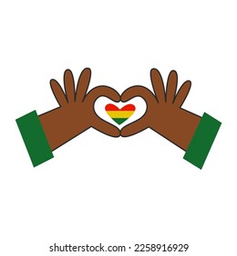 Black history month. African american hands making a gesture with heart shape. Fingers with red yellow green flag. Romantic love in minority community concept. Vector flat illustration.