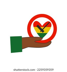 Black history month. African american hand holds clock with heart shape in red yellow green colors. Awareness, equality, pride concept. Vector flat illustration.