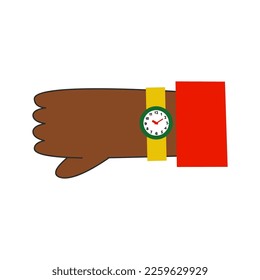 Black history month. African american hand with clock on the wrist in red yellow green colors. Awareness, equality, pride concept. Deadlines and time management. Vector flat illustration.