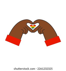 Black history month. African american hands making a gesture with heart shape. Fingers with red yellow green flag. Romantic love in minority community concept. Vector flat illustration.