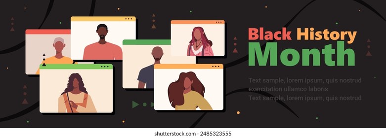 Black history month. African American men and women are getting together online to celebrate Black History Month and have a good time chatting in a group video call. Video call