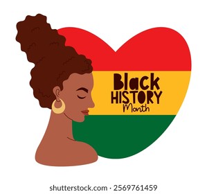 Black History Month. African American curly woman with red, yellow, green heart in colors flag. Vector illustration. Holiday in February in USA, Canada October in UK. Flat festive character girl