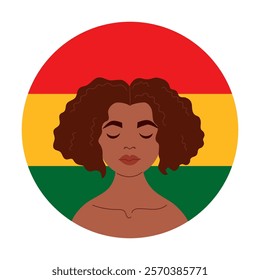 Black History Month. African American woman in red, yellow, green circle in colors flag. Vector illustration. Holiday in February in USA, Canada October in UK. Festive character girl