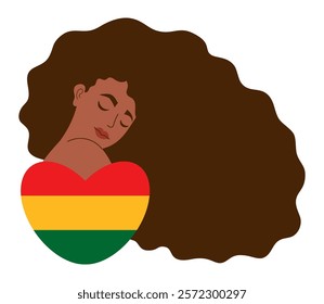 Black History Month. African American woman with long hair and red, yellow, green heart in colors of flag. Vector illustration. Holiday in February USA, Canada October in UK. Flat festive character