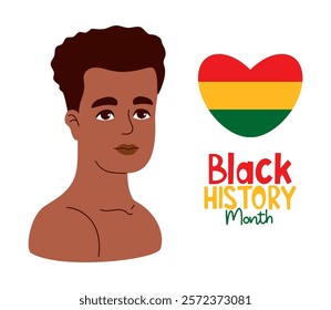 Black History Month. African American man with red, yellow, green heart in colors of national flag. Vector illustration. Holiday in February in USA, Canada October in UK. Festive male character