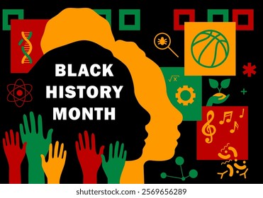 Black History Month. African-American history, heritage. Poster, greeting card, banner, background. African colors black, red, yellow, green. Black History Month