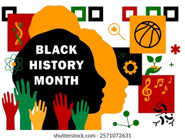 Black History Month. African-American history, heritage. Poster, greeting card, banner, background. African colors black, red, yellow, green. Black History Month