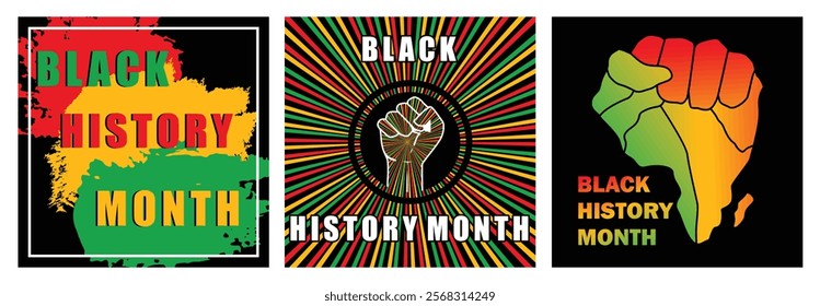 Black history month in America. Clenched hands on colorful lines background. Recalling the achievements of African Americans in the history of the United States. Black History Month concept.