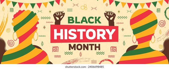 Antecedentes del mes de la historia negra. Celebración del mes de la historia negra. Febrero. Plantilla de diseño de ilustración de vectores de dibujos animados para afiches, pancartas, volantes, entradas, carátulas, saludo, tarjeta. Historia afroamericana.