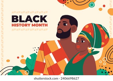 Antecedentes del mes de la historia negra. Celebración del mes de la historia negra. Febrero. Plantilla de diseño de ilustración de vectores de dibujos animados para afiches, pancartas, volantes, entradas, carátulas, saludo, tarjeta. Historia afroamericana.