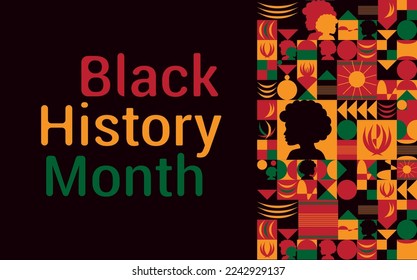 Black History Month, Background Illustration with African American girl silhouette and ornament in yellow, red, green color