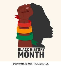 Black history month background illustration with raised fist and African woman's silhouette. Vector illustration
