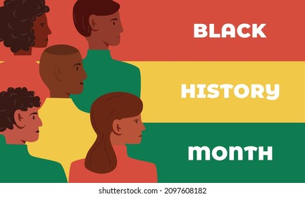 Black History Month Banner With African American People Grup. Flat Vector Modern Illustration. Different People, Men And Womens Support Each Other.