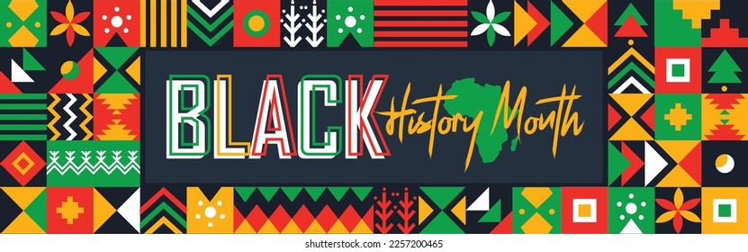 Black History Month Banner. African American History. February or October. Poster, card, background. Yellow Red Green abstract cultural traditional shapes Vector illustration.