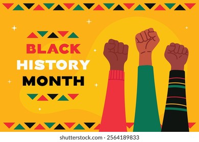 Black history month banner with african american peoples fists on yellow background. Vector flat illustration design graphic. Template for background, banner, card, poster