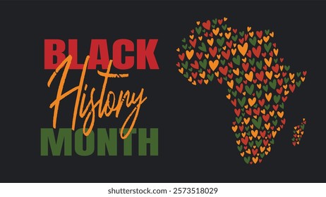 Black History Month banner - African American heritage celebration in USA with Africa map, decorative black silhouette of African continent with hand drawn hearts - red, yellow, green. Vector Greeting