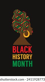 Black history month banner with the afro american woman silhouette with red lips and colorful turban and earring.