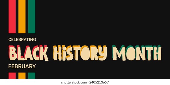 Black History Month banner with bright ribbon in African flag colors and text greeting on a dark grunge background. Vector illustration.